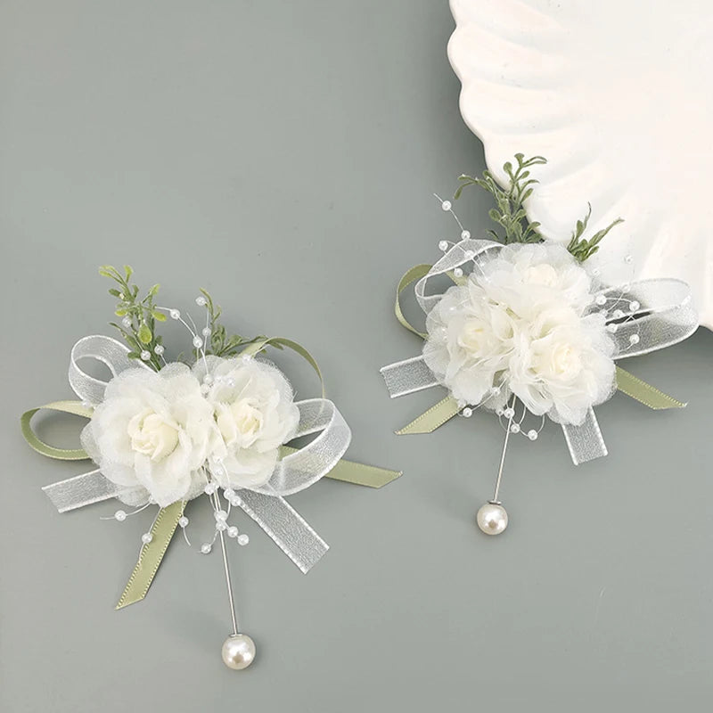 New Girl Bridesmaid Wrist Corsage Bridal Prom Party Boutonniere Satin Rose Brooch Bracelet Fabric Hand Flower Wedding Accessory