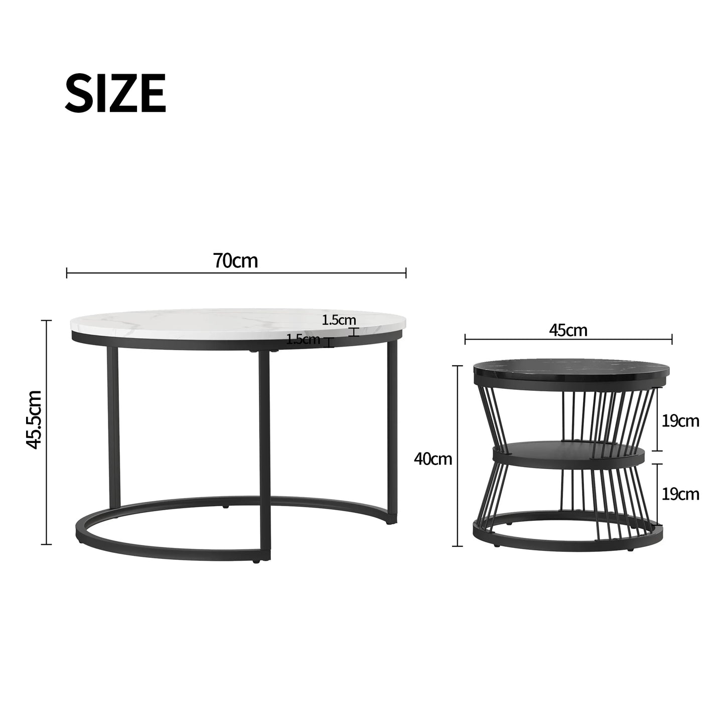 Anajqaqia Modern Coffee Table Set Round End Tables 70x70x45.5cm 45x45x40cm