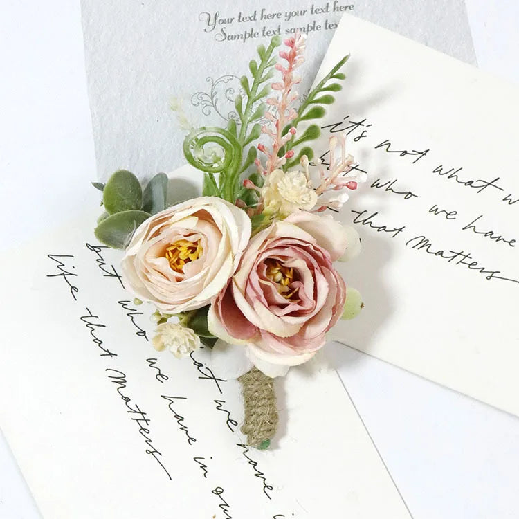 PinK Groom Corsage Wedding Boutonniere Pink Brooch Flowers Bridesmaid Pin for Guests Marriage Accessories Photo Props For Guests