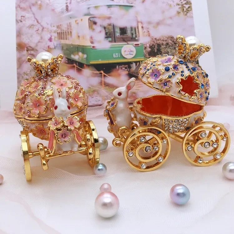 1Pcs Hand-painted Enamel Rabbit Carriage Jewelry Storage Box Alloy Box Desktop Decoration Gift Ornament Enamel Craft Ring Box