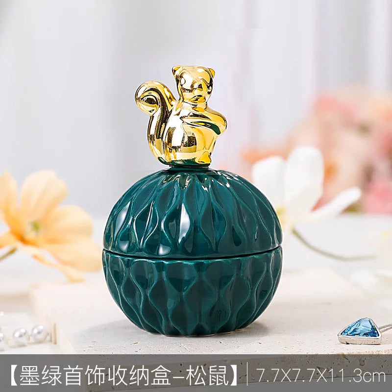 Nordic Dark Green Ceramic Animal Electroplating Ornaments Creative Girl Jewelry Ring Box Sealed Storage Box Hand Gift Mini Jar