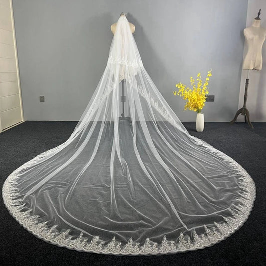New Arrival Two Layers White Ivory Cathedral Wedding veils Lace Appliques Bride wedding accessories Boda velo de novia