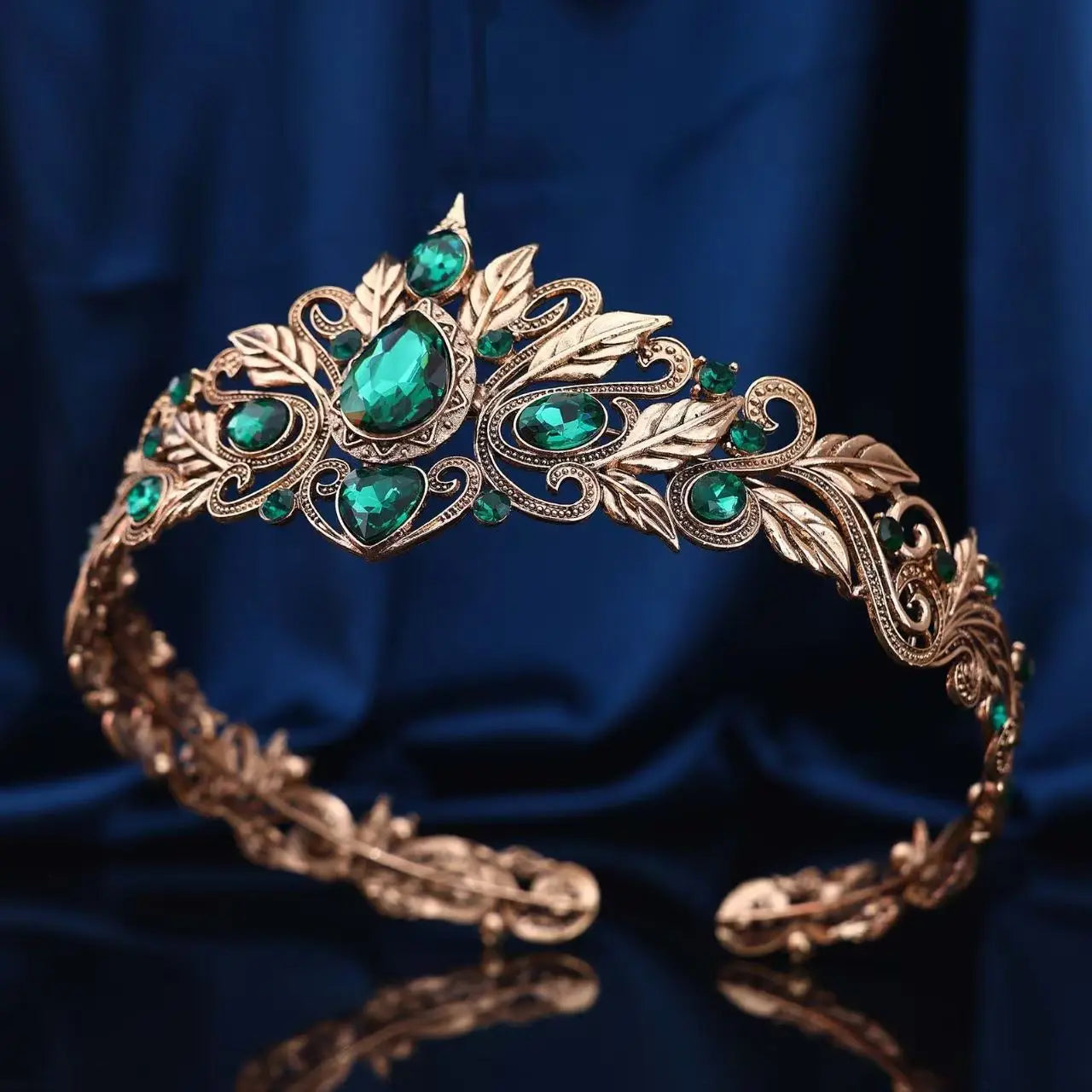 Vintage Baroque Green Crystal Leaves Tiara Crown Princess Queen Diadem Wedding Bridal Hair Accessory for Women Jewelry