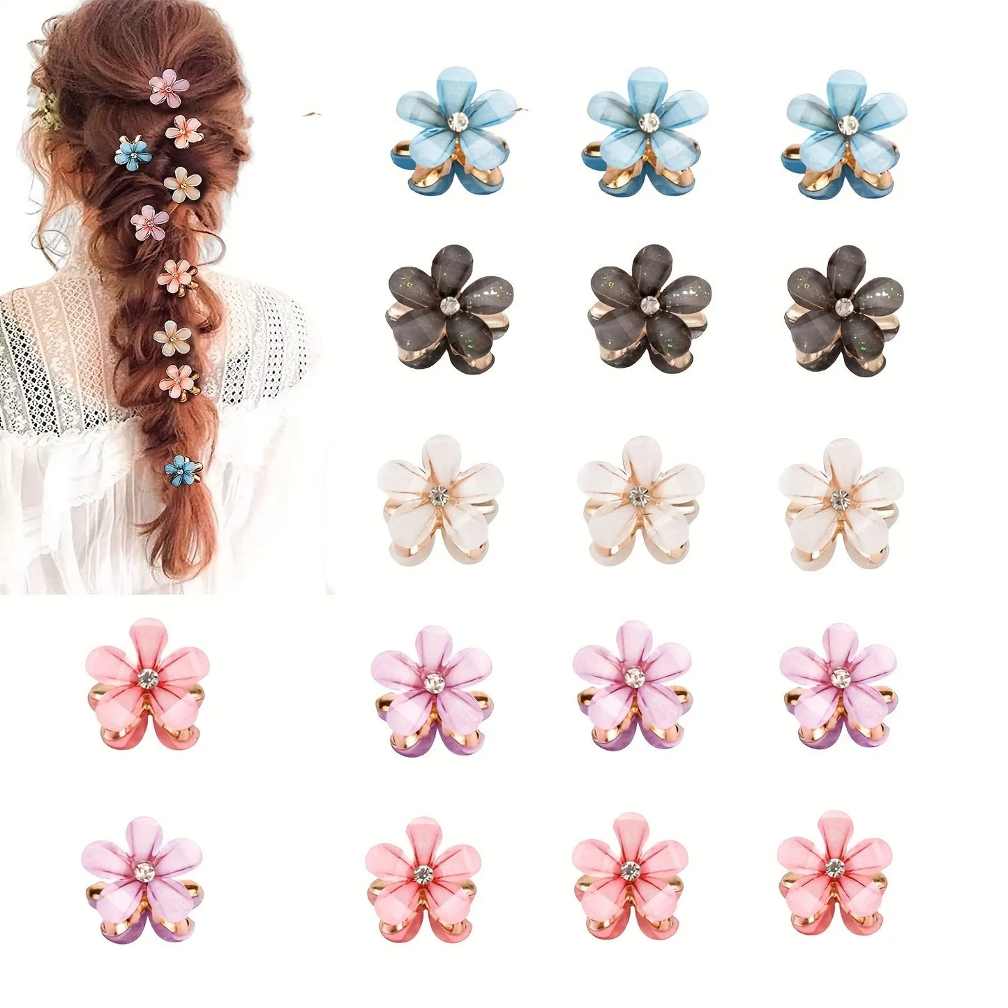 6pcs Elegant Bling Bling Rhinestone Flower Shaped Hair Grab Clips, Faux Pearl Decorative Hair Barrettes, Trendy Hair Decoration