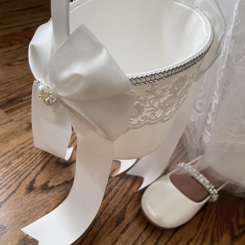 Wedding Flower Girl Basket and Ring Pillow Set Silk Ribbon Bow Flower Embroidery Pearl Decoration Party Candy Basket