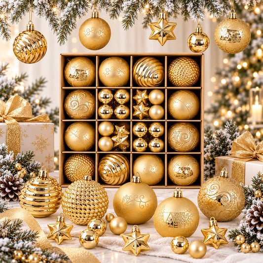 44PCS Gold Christmas Ball Ornaments Set, 3cm 6cm Mixed Size Baubles Star Decorations for Xmas Tree Holiday Party Decor