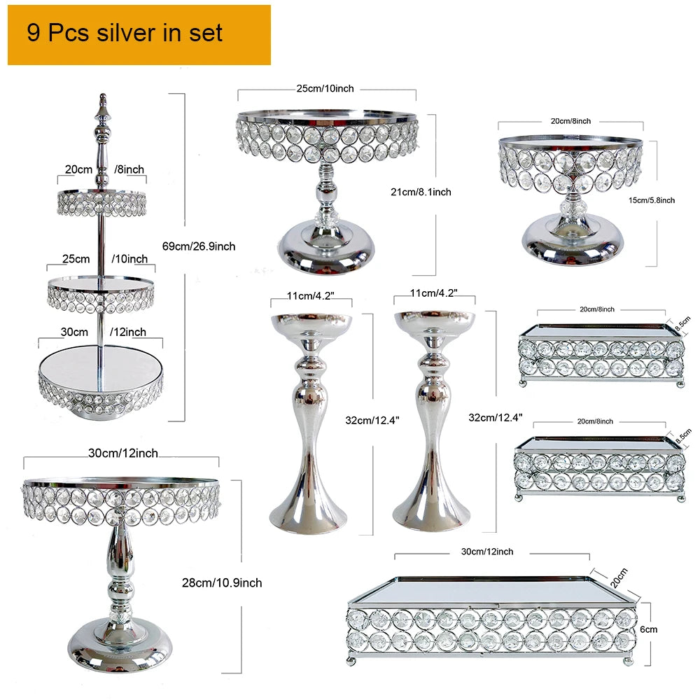 6Pcs-9PcsCake Stand Set with Crystal Beaded Mirror Metal Dessert Table Display Stands Cupcake Holder for Birthday Party Festival