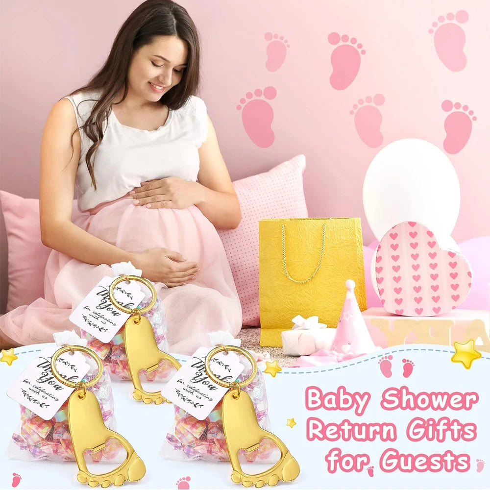 10 set baby shower gift set small foot bottle opener keychain souvenir with hard gauze bag thank you label themed party gift