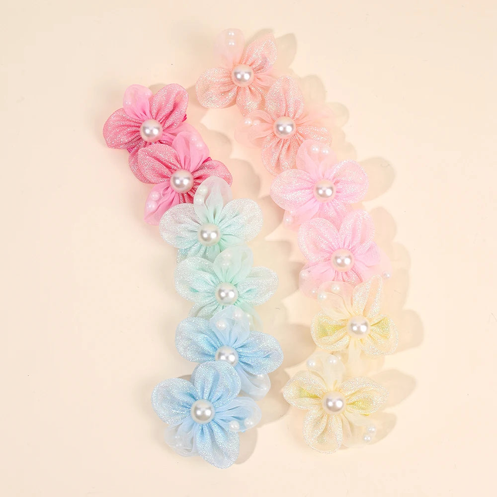 12Pcs Novelty Flower Hair Clips Sweet Pearl Filled Sparkling Rhinestone Hairpins For Girls Children's Headdress Hair Accessories