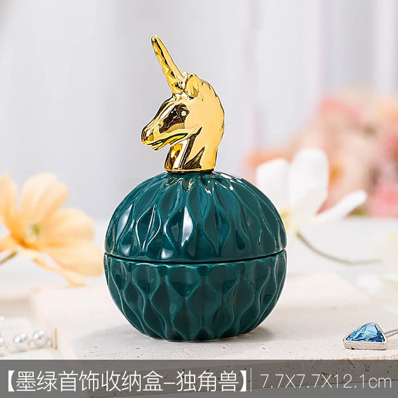 Nordic Dark Green Ceramic Animal Electroplating Ornaments Creative Girl Jewelry Ring Box Sealed Storage Box Hand Gift Mini Jar