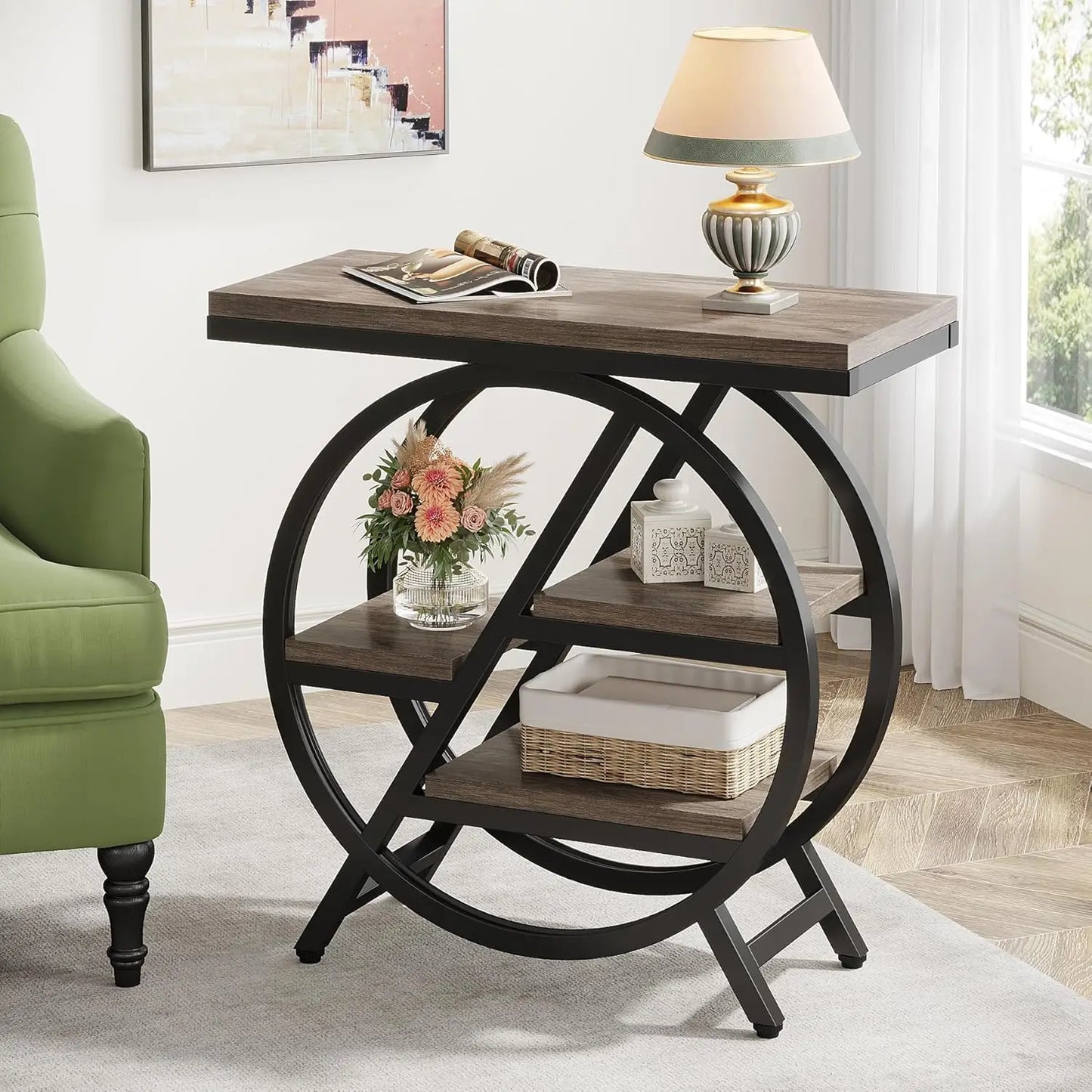 3-Tier Narrow Side Table with Storage, Wood Sofa Side Table with Geometric Metal Frame, Nightstand  for Bedroom, Living Room