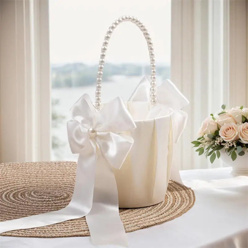 Wedding Flower Basket White Satin Pearl Bowknot Wedding Scattering Flower Basket Foldable Flower Women Pearl Handle Baskets