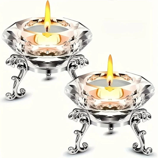 2Pcs Elegant Clear Crystal Diamond Candlestick Set with Polished Metal Stand， Candle Holders for Wedding Home Office Party Decor
