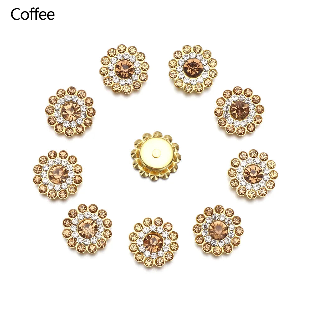 10PCS 14mm Flower-shaped Rhinestone Buttons Sparkling Crystal Glass Stone Steel Bottom Clothes Decoration Sewing Accessories