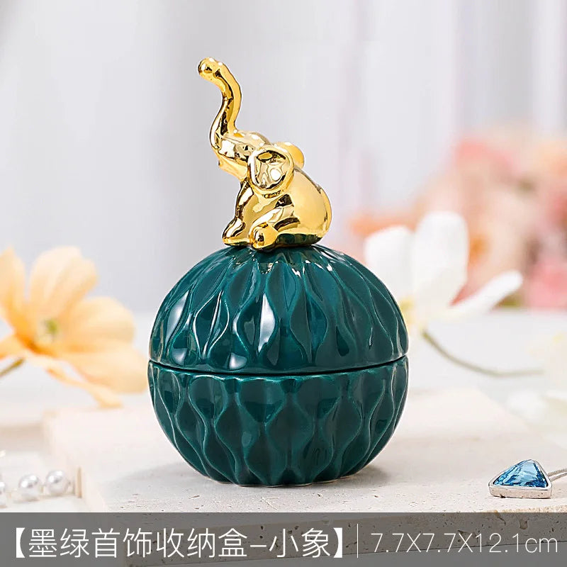 Nordic Dark Green Ceramic Animal Electroplating Ornaments Creative Girl Jewelry Ring Box Sealed Storage Box Hand Gift Mini Jar