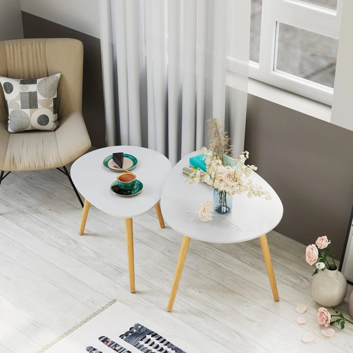 Getone Set of 2 Side Tables, Small Coffee Table, White Sofa Table, Nesting of Tables, Scandinavian End Table for Living Room Bedroom Office