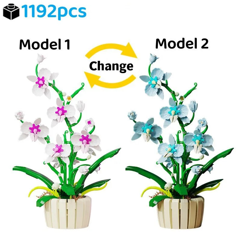 1192pcs Orchid Building Blocks Bouquet Flower Rose Plant Pink Blue Bricks Kid Model Assembled Toys Romantic Valentine's Day Gift