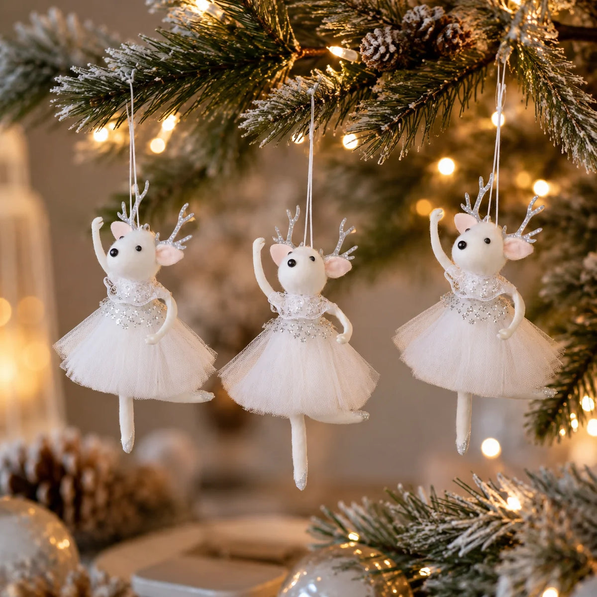Christmas Reindeer Ballerina Ornaments, Pink White Tulle Dress Hanging Decorations for Tree, Party and Holiday Decor