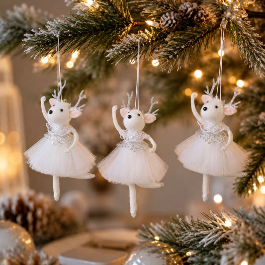 Christmas Reindeer Ballerina Ornaments, Pink White Tulle Dress Hanging Decorations for Tree, Party and Holiday Decor