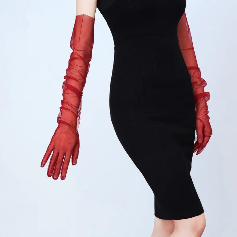 Women Long Sheer Tulle Gloves for Bridal Wedding Accessories Party Transparent Finger Gloves