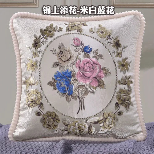 Flowers Embroidery Cushion Cover Embossed Pillowcases Bead String Jacquard Cushion Covers for Living Bedroom Home Decor 48x48cm