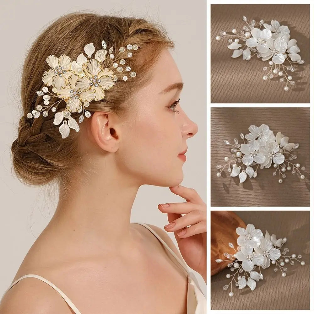 New Crystal Pearl Flower Bridal Headwear White Handmade Bride Headdress Luxury Elegant Wedding Hairpin Hair Jewelry