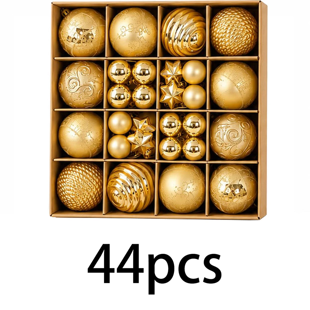 44PCS Gold Christmas Ball Ornaments Set, 3cm 6cm Mixed Size Baubles Star Decorations for Xmas Tree Holiday Party Decor