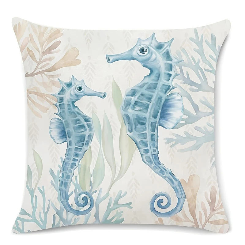Seahorse Turtle Starfish Coastal Outdoor Decorative Pillow Soft Velvet Cushion Cover Sofa Bed Home Decor Ocean Beach Throw