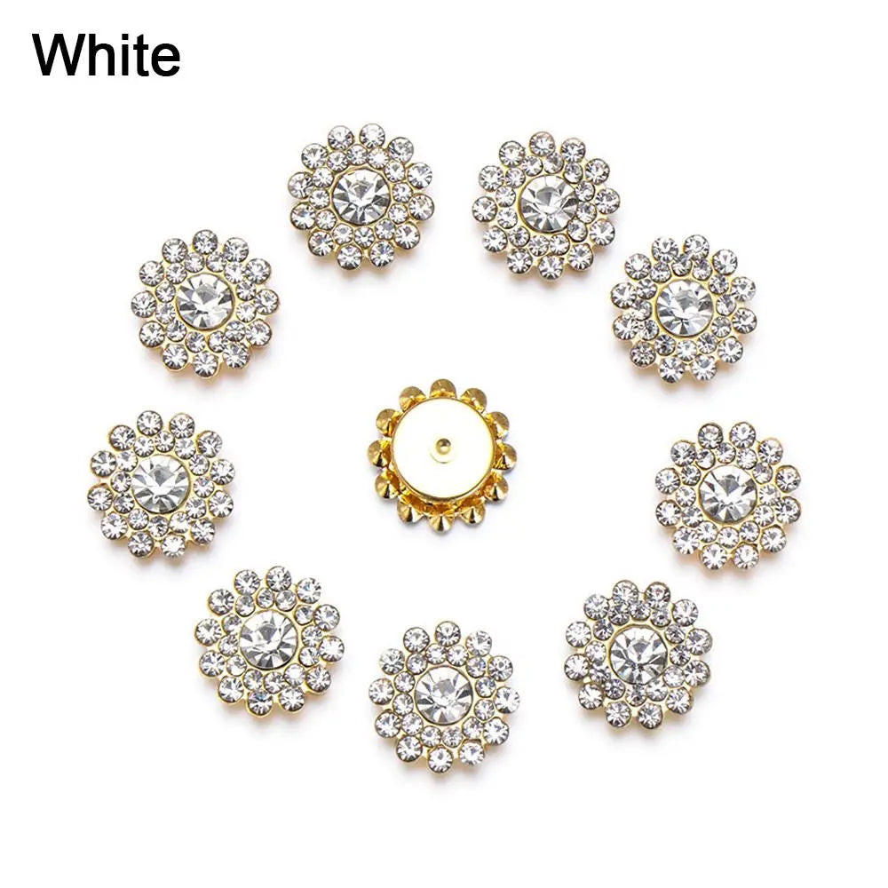 10PCS 14mm Flower-shaped Rhinestone Buttons Sparkling Crystal Glass Stone Steel Bottom Clothes Decoration Sewing Accessories