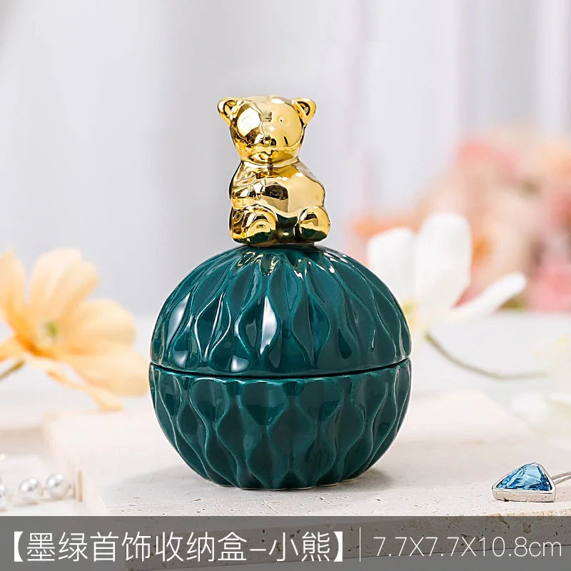 Nordic Dark Green Ceramic Animal Electroplating Ornaments Creative Girl Jewelry Ring Box Sealed Storage Box Hand Gift Mini Jar