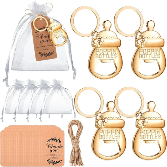 10 set baby shower gift set, bottle shaped opener with hard gauze bag commemorative keychain, thank you label themed party gift