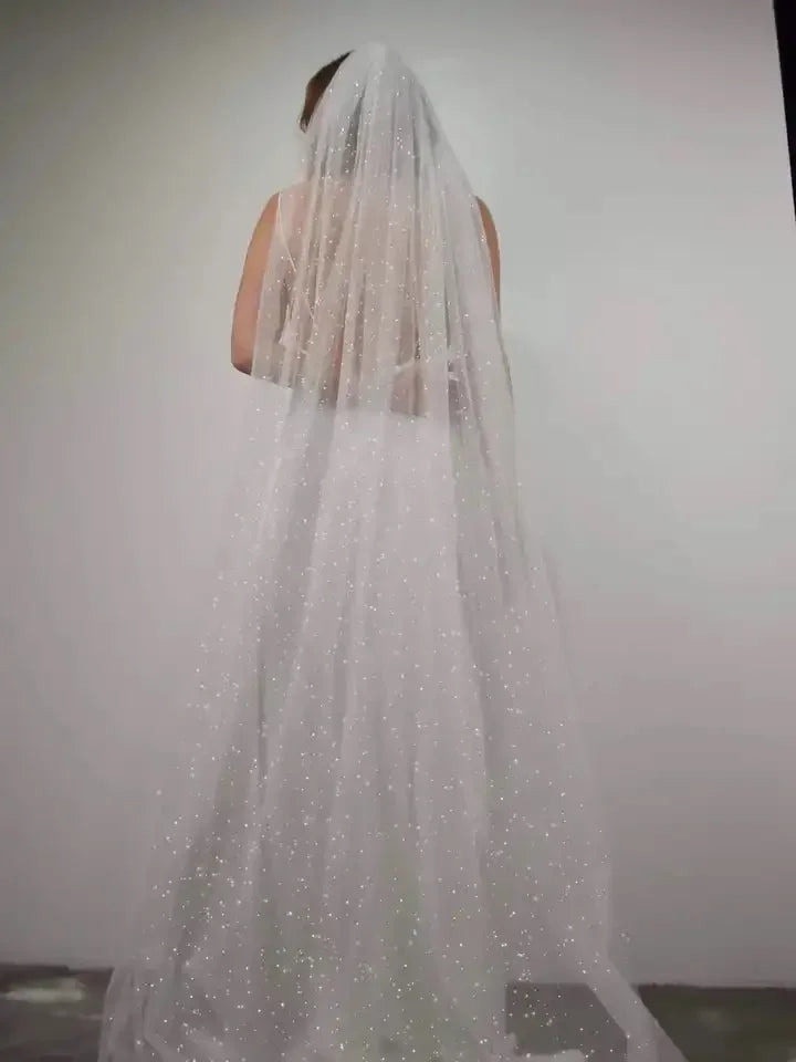 Bling Bling Glitters Veils White Ivory Long Bridal Veil With Comb 1 Tier Fingertip Long Short Wedding Veil with Sparkly Glitters