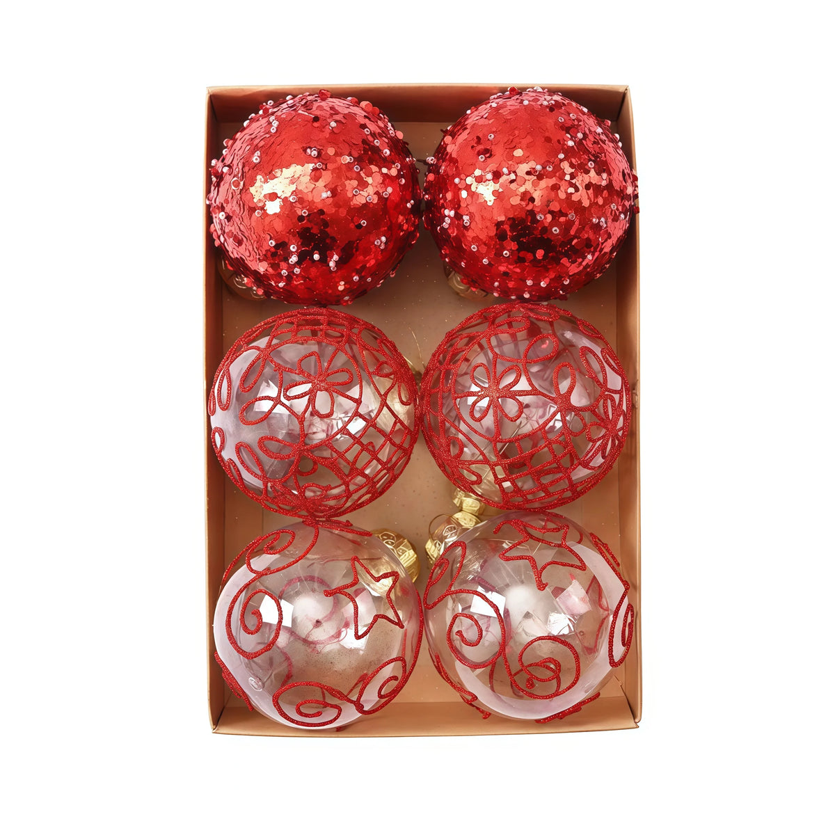 6PCS Glitter Transparent Painted Christmas Balls Set Gold Flower Luxury Xmas Tree Ornaments DIY Hanging Home Decor Navidad