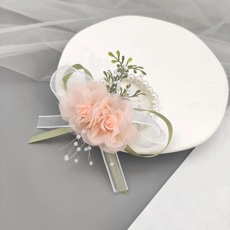 New Girl Bridesmaid Wrist Corsage Bridal Prom Party Boutonniere Satin Rose Brooch Bracelet Fabric Hand Flower Wedding Accessory