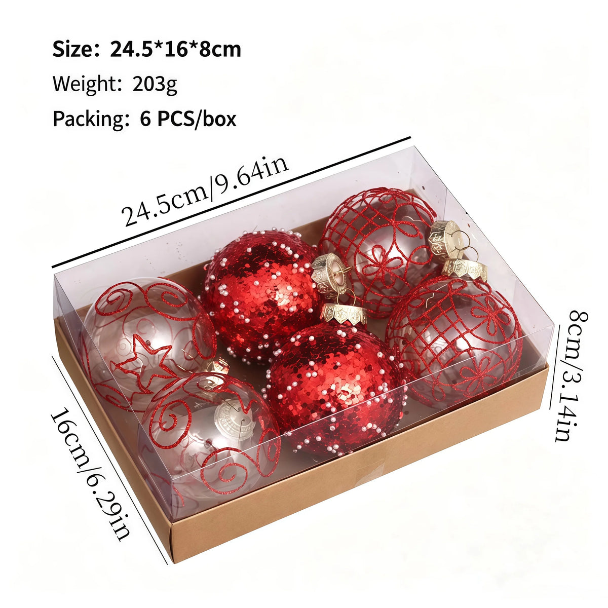 6PCS Glitter Transparent Painted Christmas Balls Set Gold Flower Luxury Xmas Tree Ornaments DIY Hanging Home Decor Navidad