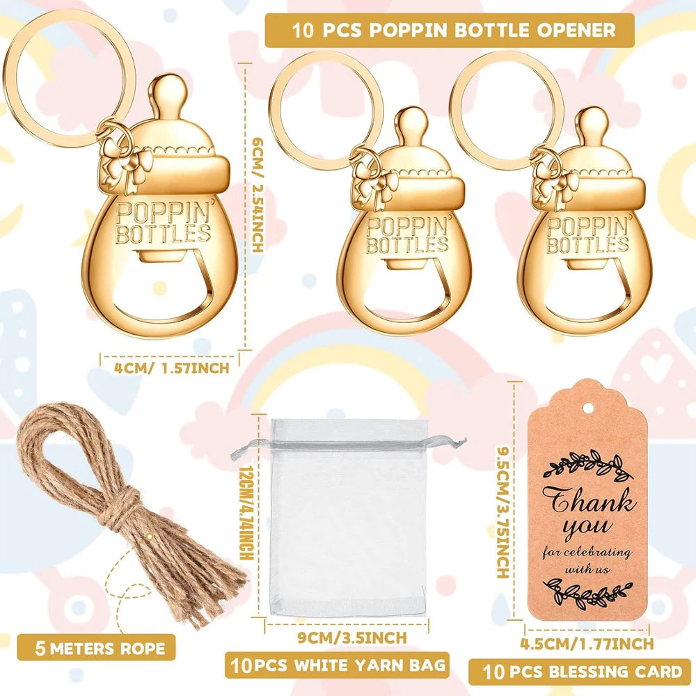 10 set baby shower gift set, bottle shaped opener with hard gauze bag commemorative keychain, thank you label themed party gift