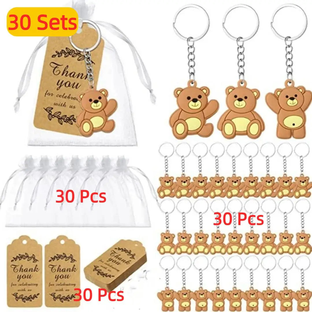 30pcs Baby Shower Souvenirs Gift Bear Keychain with Organza Bag Thank You Kraft Tag for Guests Girl Boy Birthday Party Supply