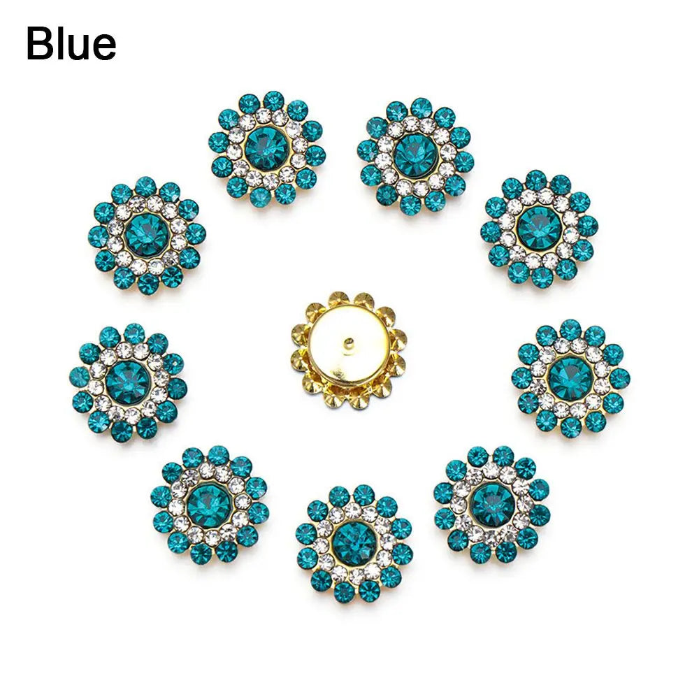 10PCS 14mm Flower-shaped Rhinestone Buttons Sparkling Crystal Glass Stone Steel Bottom Clothes Decoration Sewing Accessories