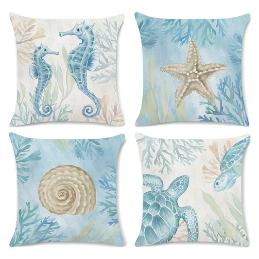 Seahorse Turtle Starfish Coastal Outdoor Decorative Pillow Soft Velvet Cushion Cover Sofa Bed Home Decor Ocean Beach Throw