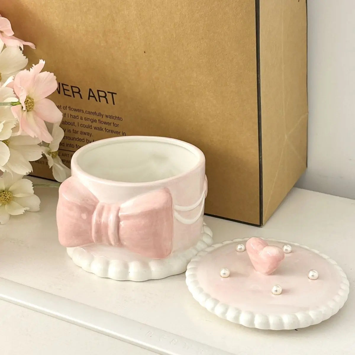 Creative Bow Ceramic Pearl Jewelry Box Cute Painted Tabletop Trinket Holiday Gift Girl Cosmetics Storage Jar Home Decoration New