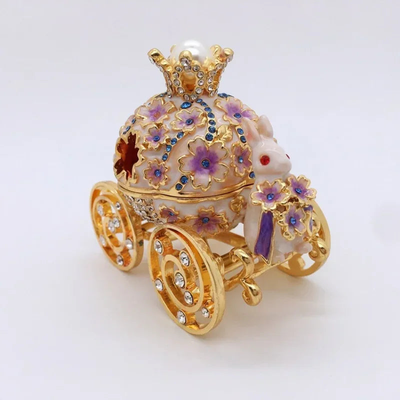 1Pcs Hand-painted Enamel Rabbit Carriage Jewelry Storage Box Alloy Box Desktop Decoration Gift Ornament Enamel Craft Ring Box