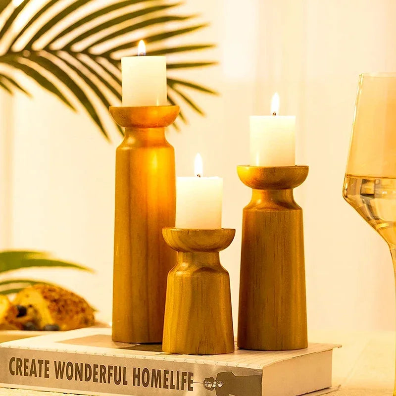 3PCS Natural Wooden Candlesticks Holders Retro Wedding Candle Holder Stand Festival Party Table Home Decorations