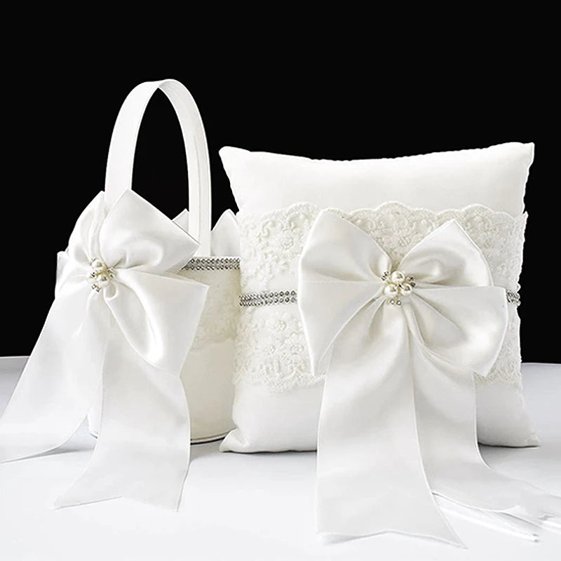 Wedding Flower Girl Basket and Ring Pillow Set Silk Ribbon Bow Flower Embroidery Pearl Decoration Party Candy Basket