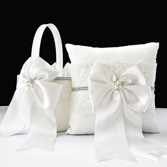 Wedding Flower Girl Basket and Ring Pillow Set Silk Ribbon Bow Flower Embroidery Pearl Decoration Party Candy Basket