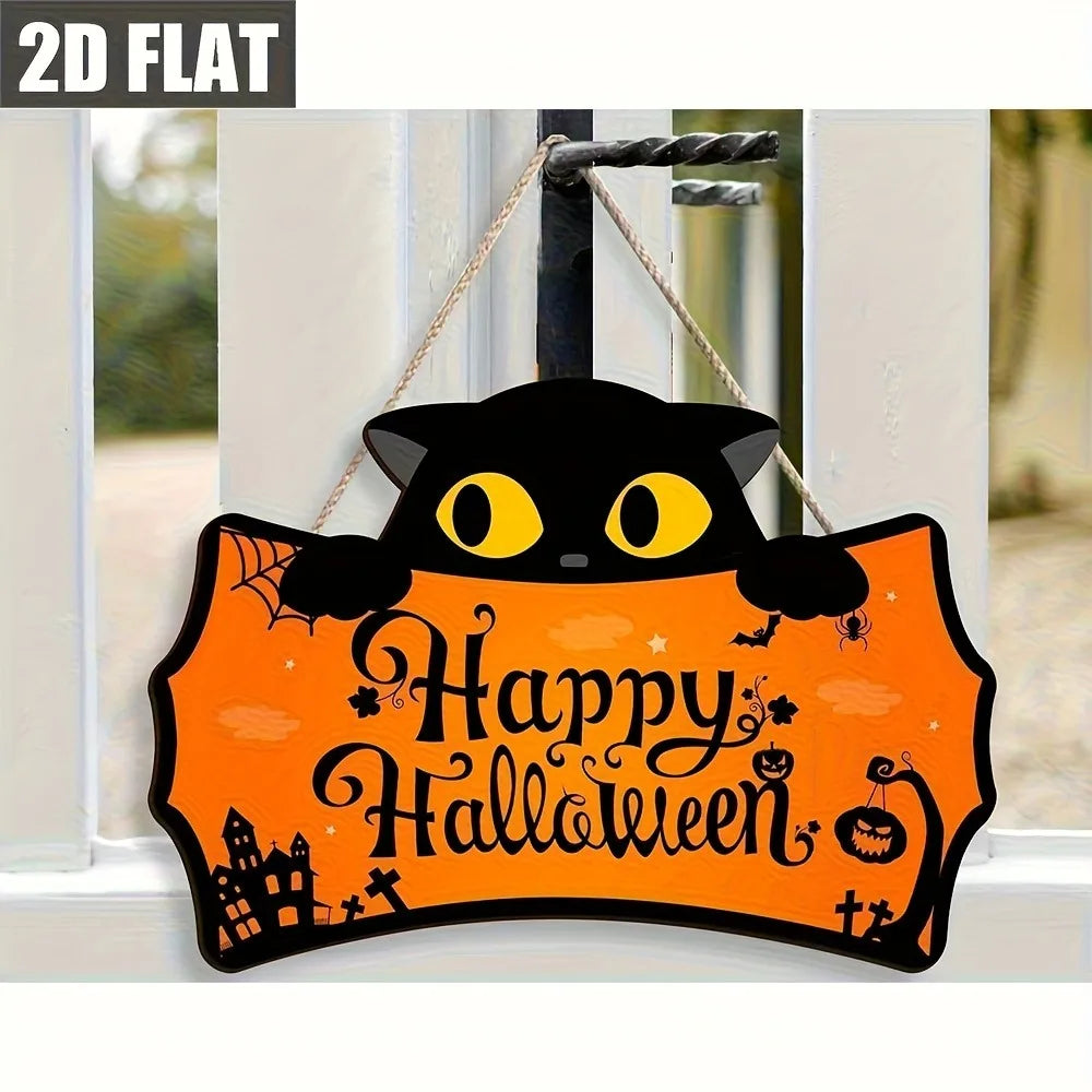Black Cat Halloween Wooden Hanging Sign