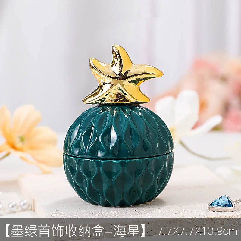 Nordic Dark Green Ceramic Animal Electroplating Ornaments Creative Girl Jewelry Ring Box Sealed Storage Box Hand Gift Mini Jar