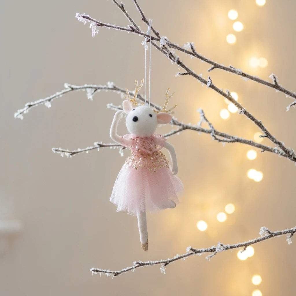 Christmas Reindeer Ballerina Ornaments, Pink White Tulle Dress Hanging Decorations for Tree, Party and Holiday Decor