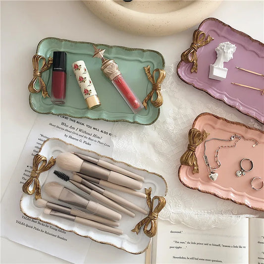 Jewelry Storage Tray Vintage Bow Decorated Resin Plate Snack Dessert Tray Cute Home Bedroom Decor