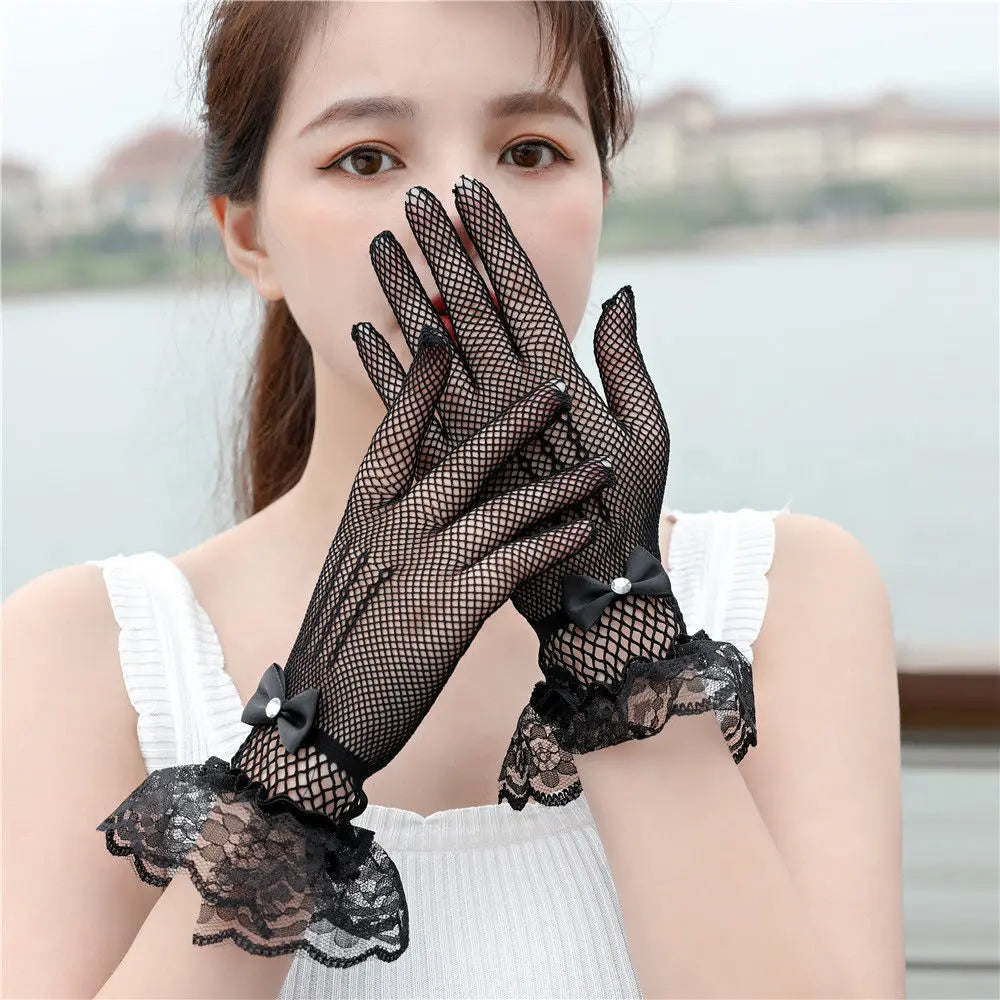 Sexy Transparentes Dot Print Black White Mesh Tulle GloveSpring Summer Thin Short Glove Club Prom Party Dancing Dress Glove