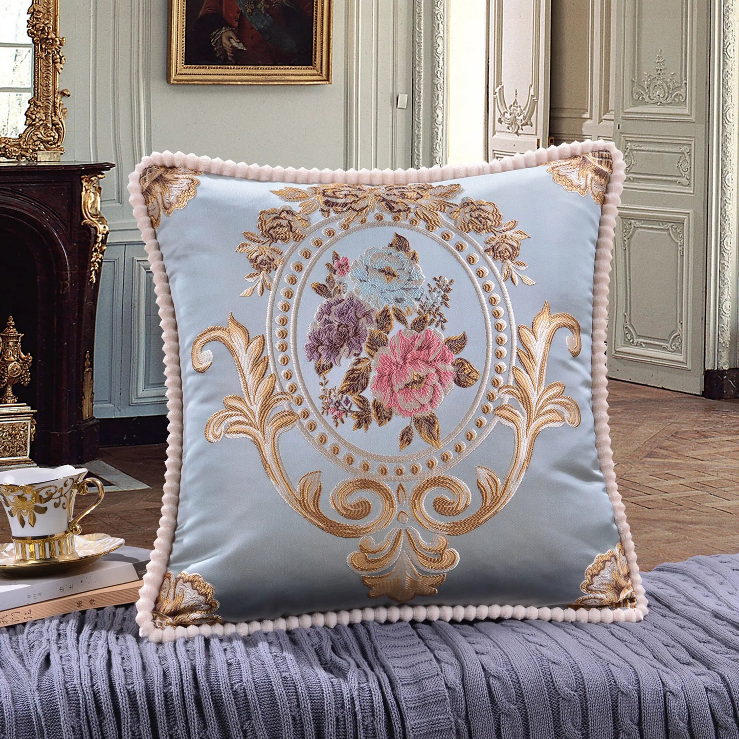 Flowers Embroidery Cushion Cover Embossed Pillowcases Bead String Jacquard Cushion Covers for Living Bedroom Home Decor 48x48cm